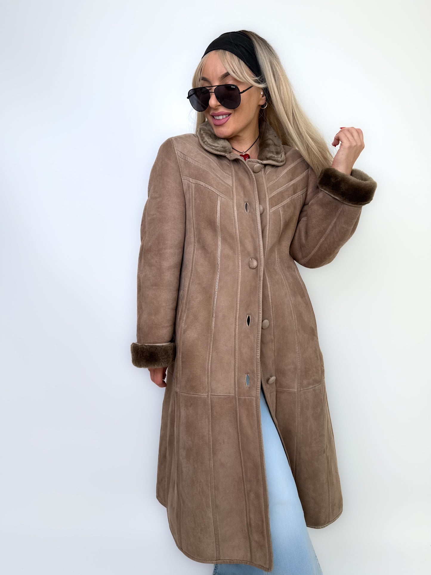 Natural Shearling Leather Coat Beige Gray Mid-Length Vintage Wool-Lined Winter Jacket XS-S