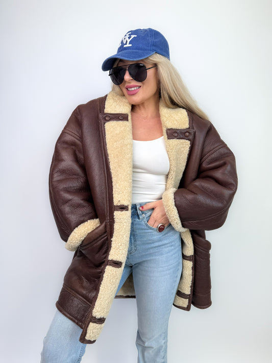 Vintage Dark Brown Shearling Natural Leather Coat Unisex Winter Coat