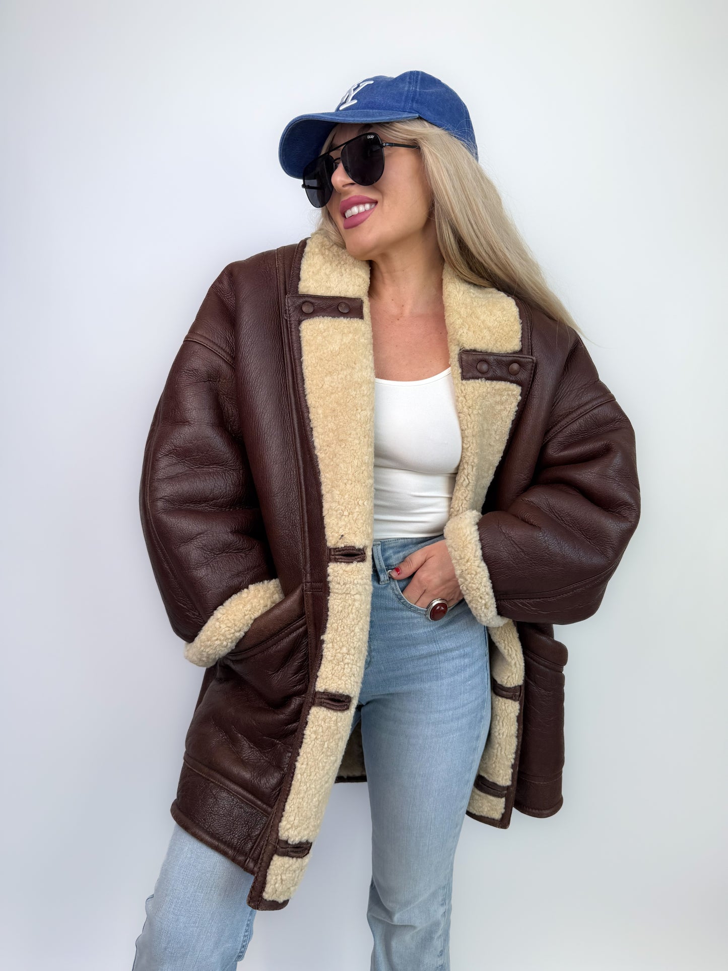 Vintage Dark Brown Shearling Natural Leather Coat Unisex Winter Coat