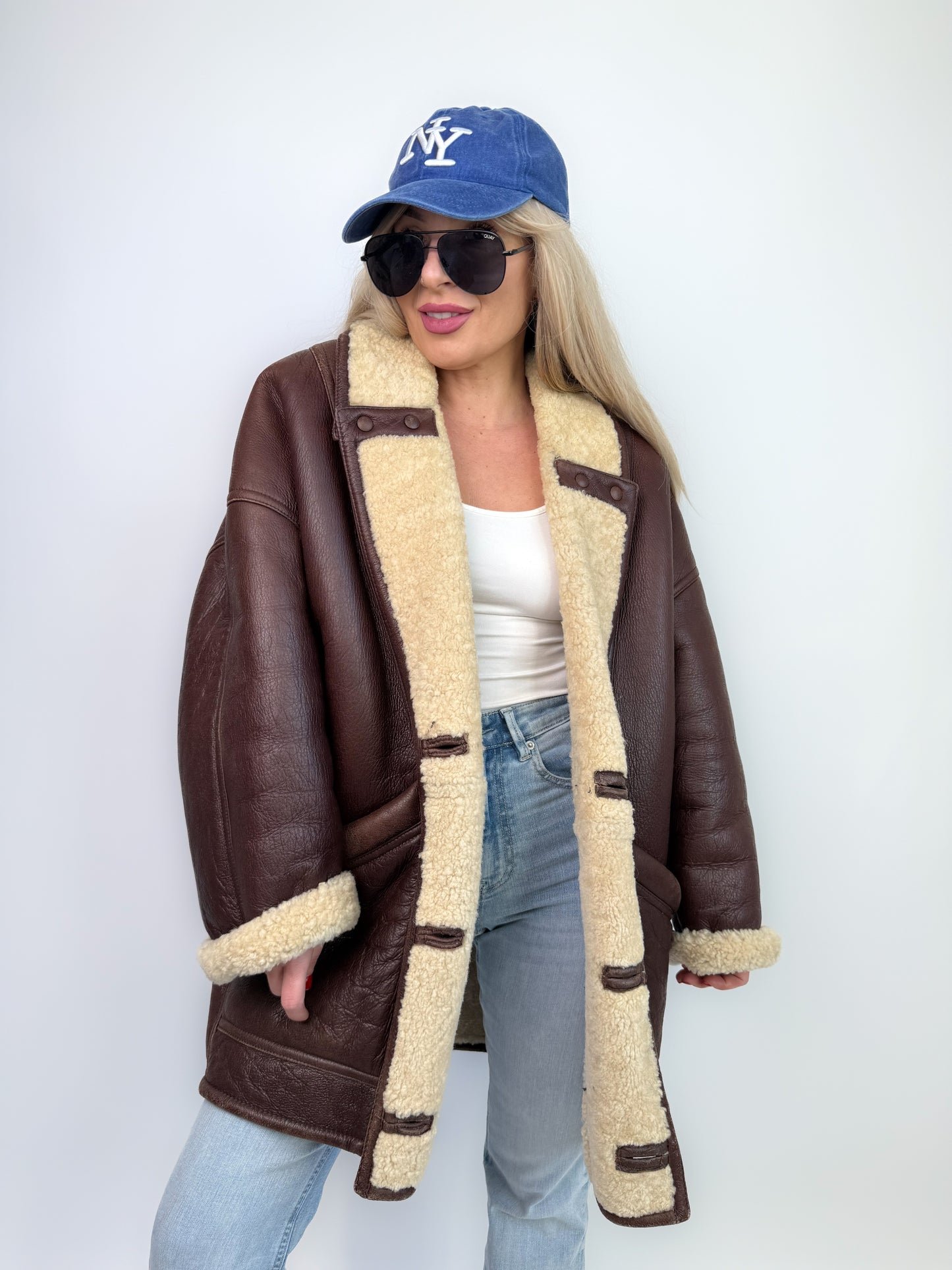 Vintage Dark Brown Shearling Natural Leather Coat Unisex Winter Coat