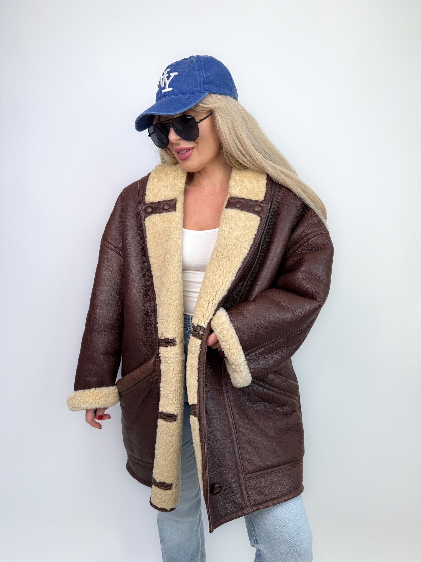Vintage Dark Brown Shearling Natural Leather Coat Unisex Winter Coat