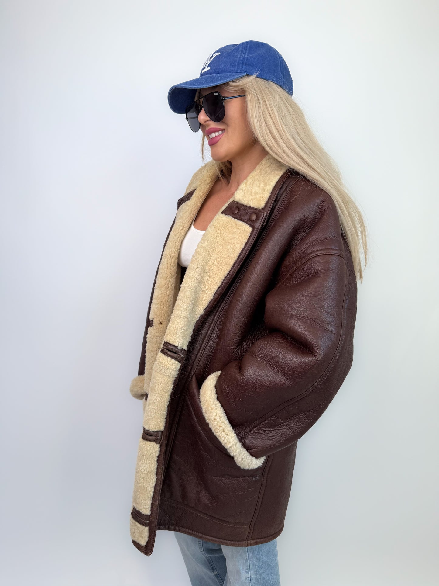 Vintage Dark Brown Shearling Natural Leather Coat Unisex Winter Coat