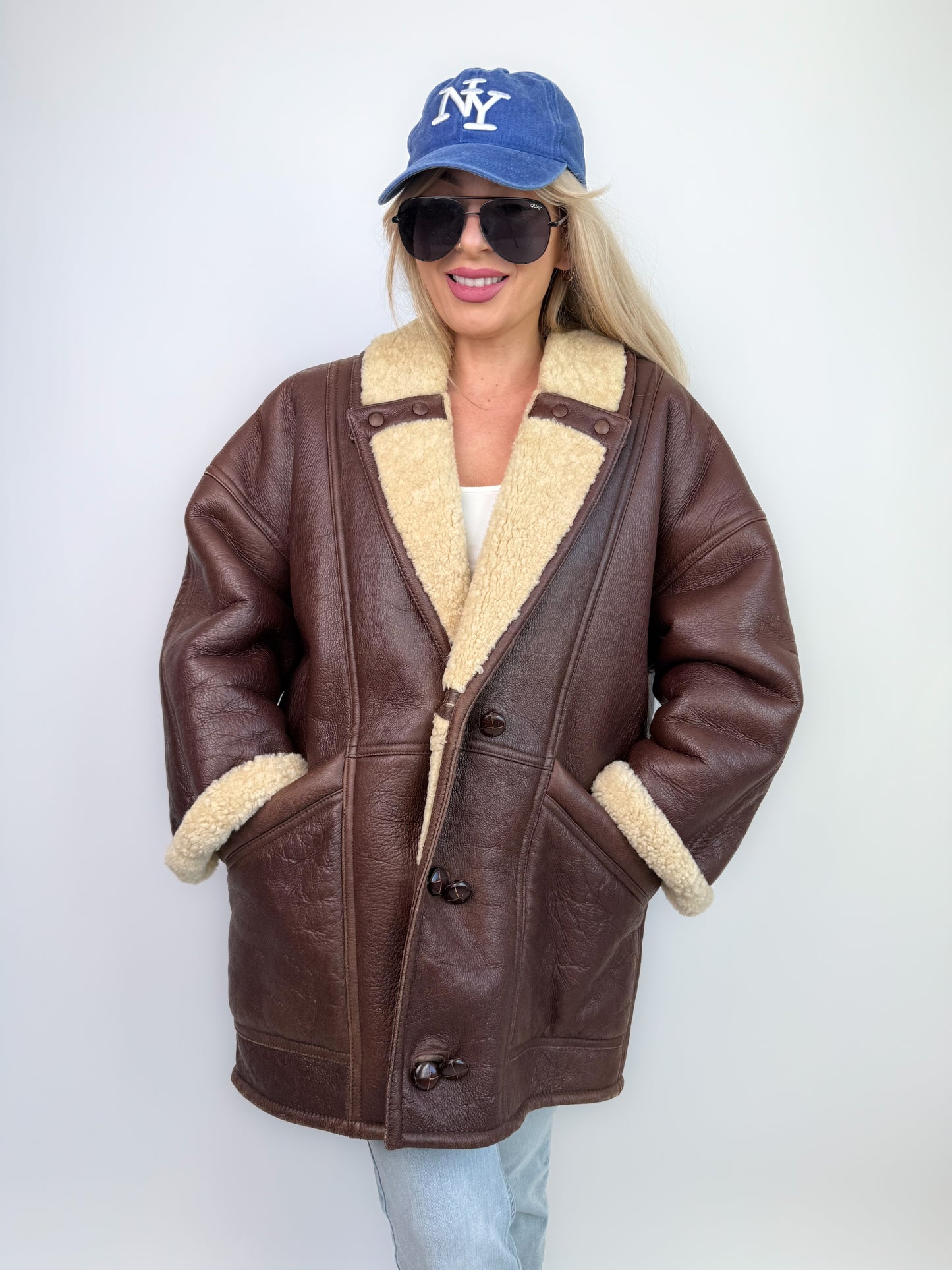 Vintage Dark Brown Shearling Natural Leather Coat Unisex Winter Coat