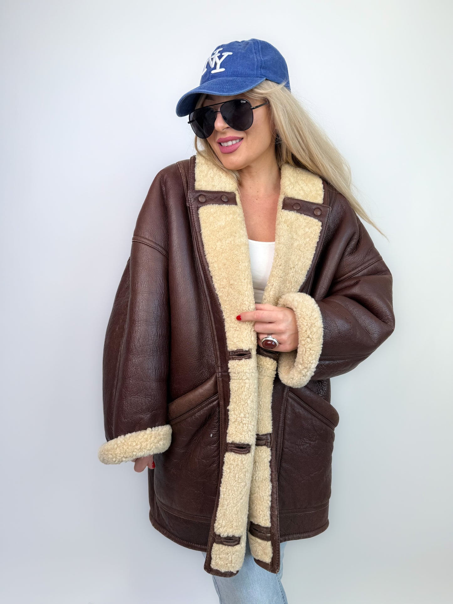 Vintage Dark Brown Shearling Natural Leather Coat Unisex Winter Coat