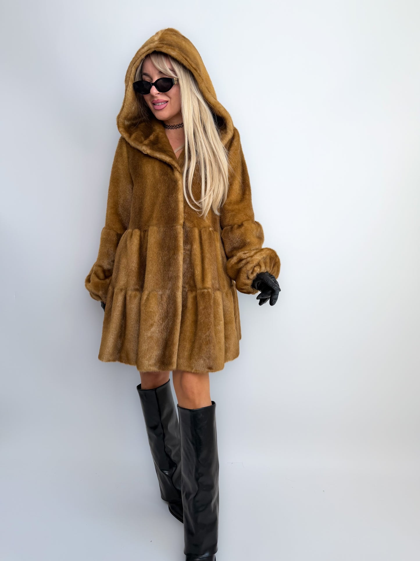 Vintage Carmel Brown Faux Fur Hooded Winter Coat S-M