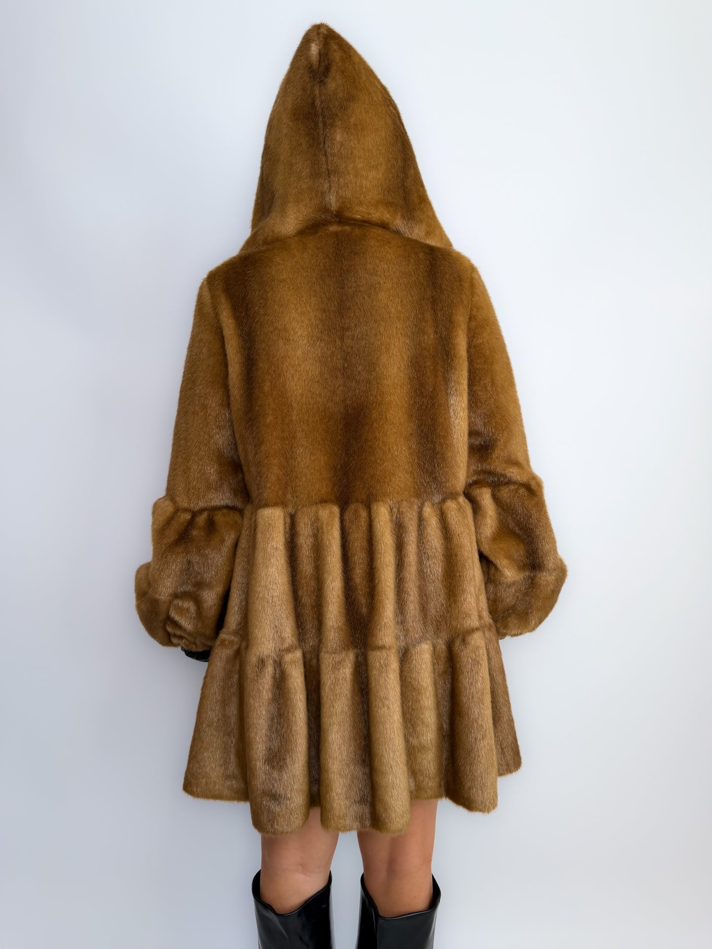 Vintage Carmel Brown Faux Fur Hooded Winter Coat S-M