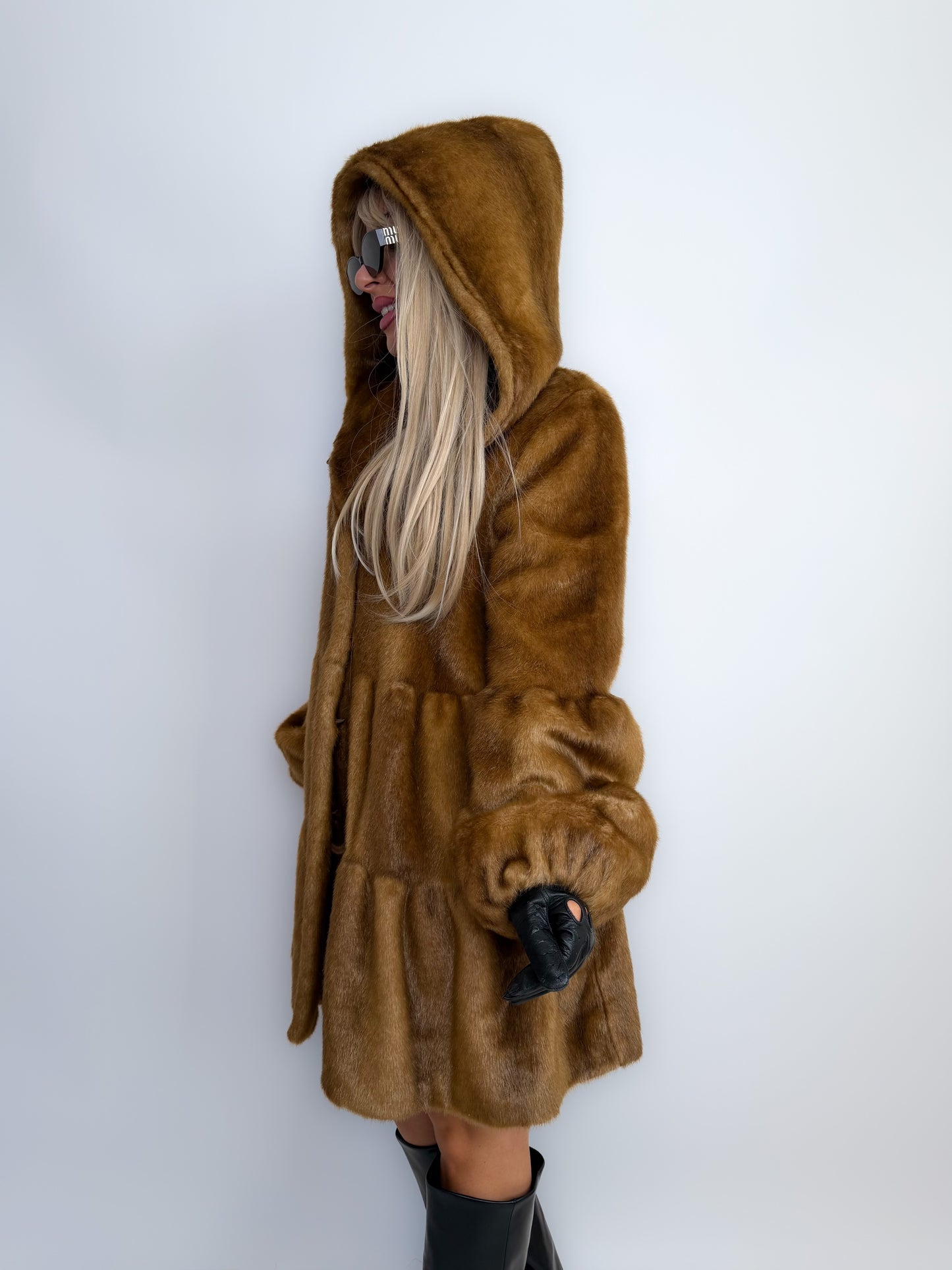 Vintage Carmel Brown Faux Fur Hooded Winter Coat S-M