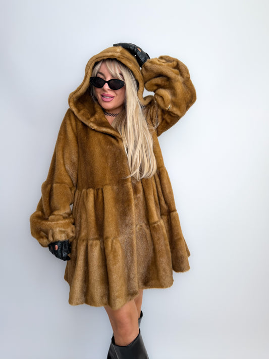 Vintage Carmel Brown Faux Fur Hooded Winter Coat S-M