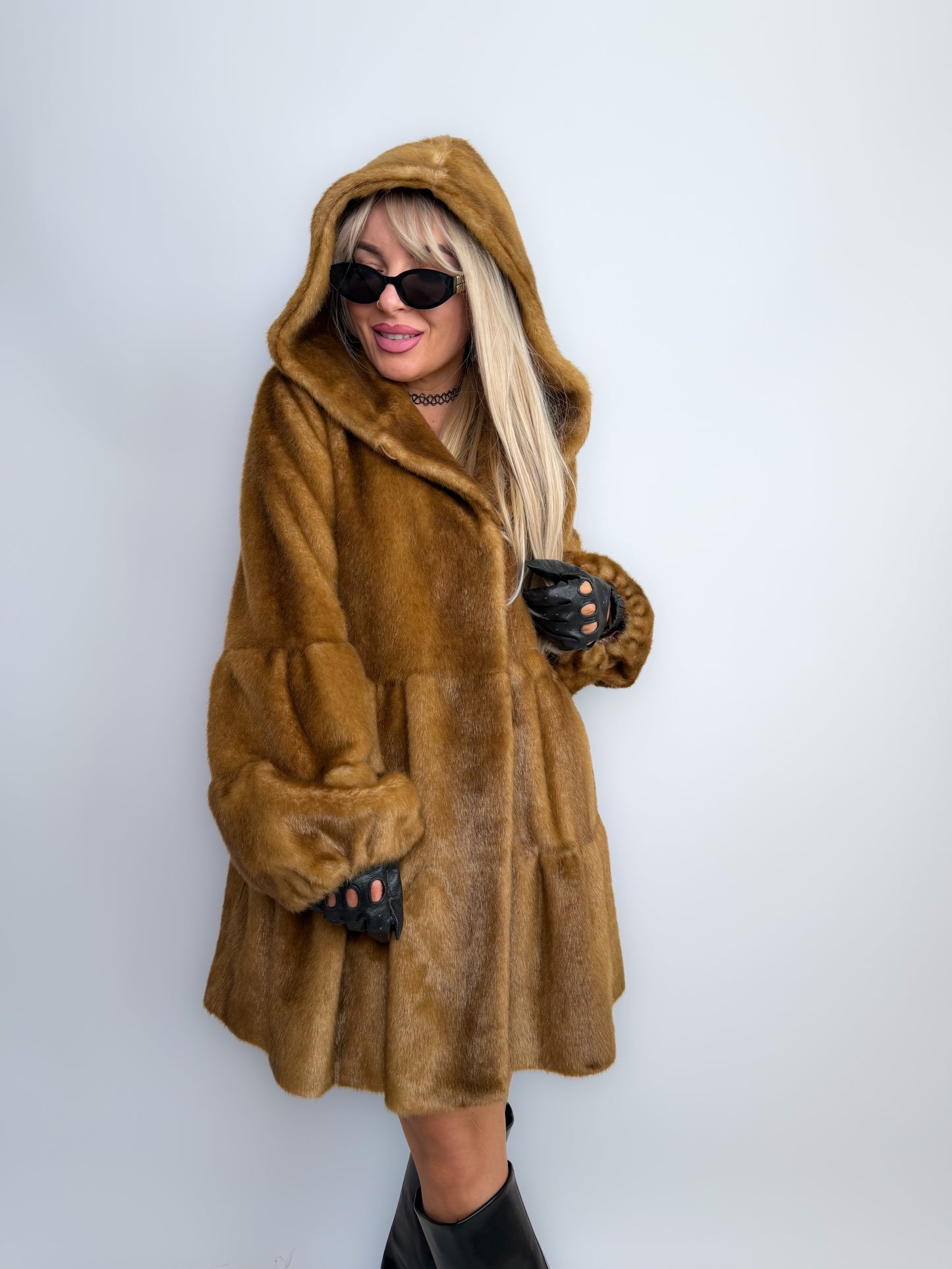 Vintage Carmel Brown Faux Fur Hooded Winter Coat S-M