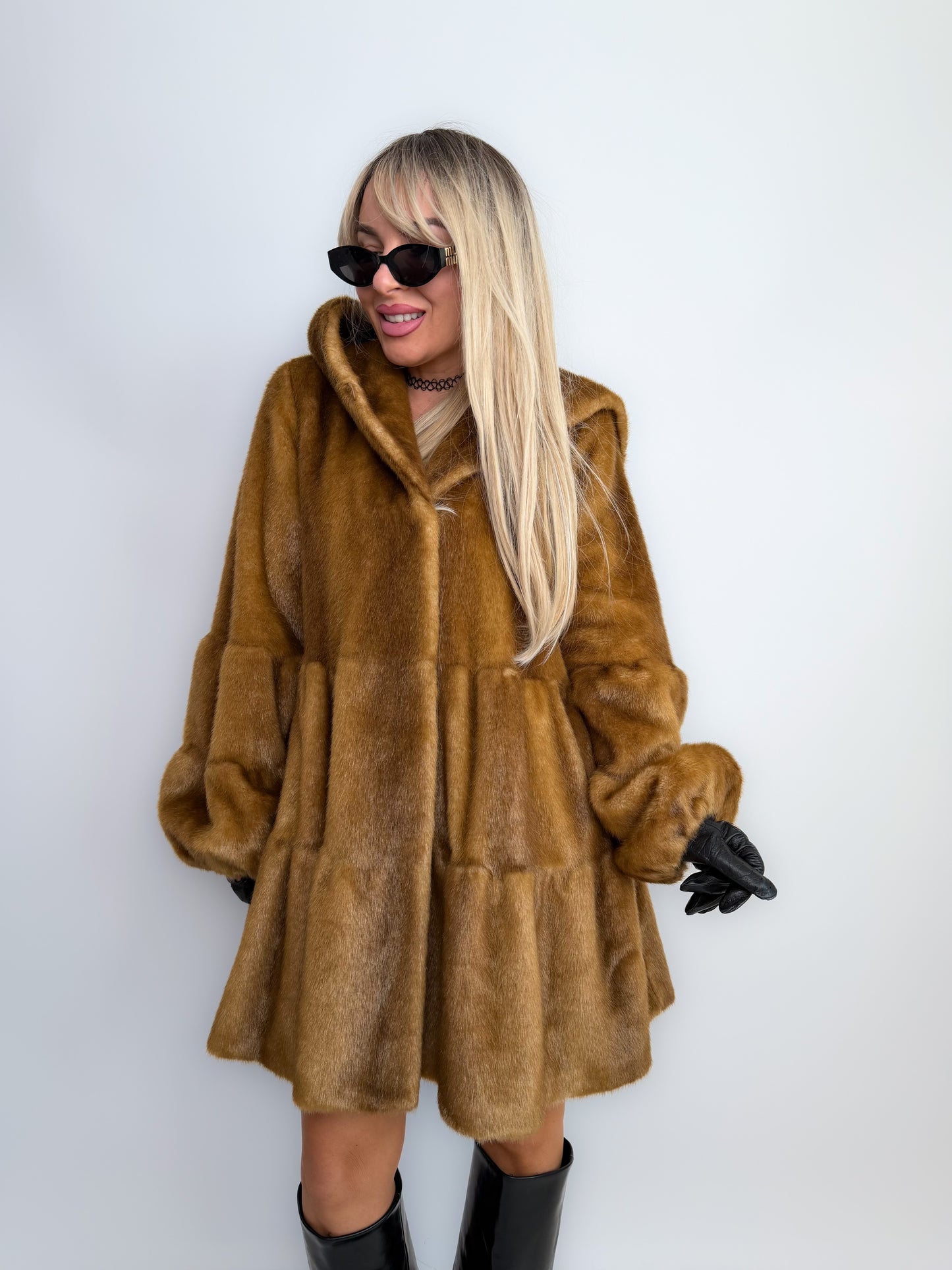 Vintage Carmel Brown Faux Fur Hooded Winter Coat S-M