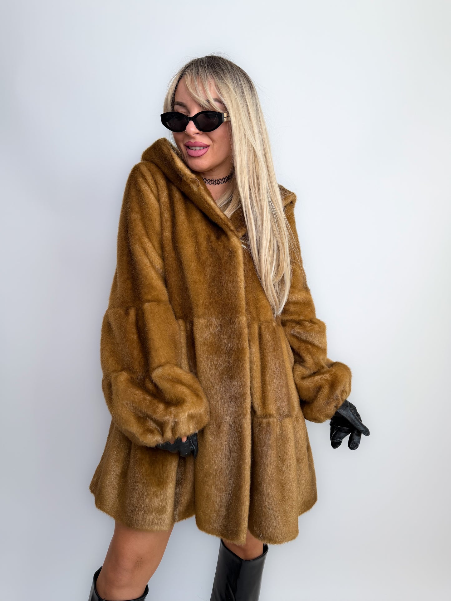 Vintage Carmel Brown Faux Fur Hooded Winter Coat S-M