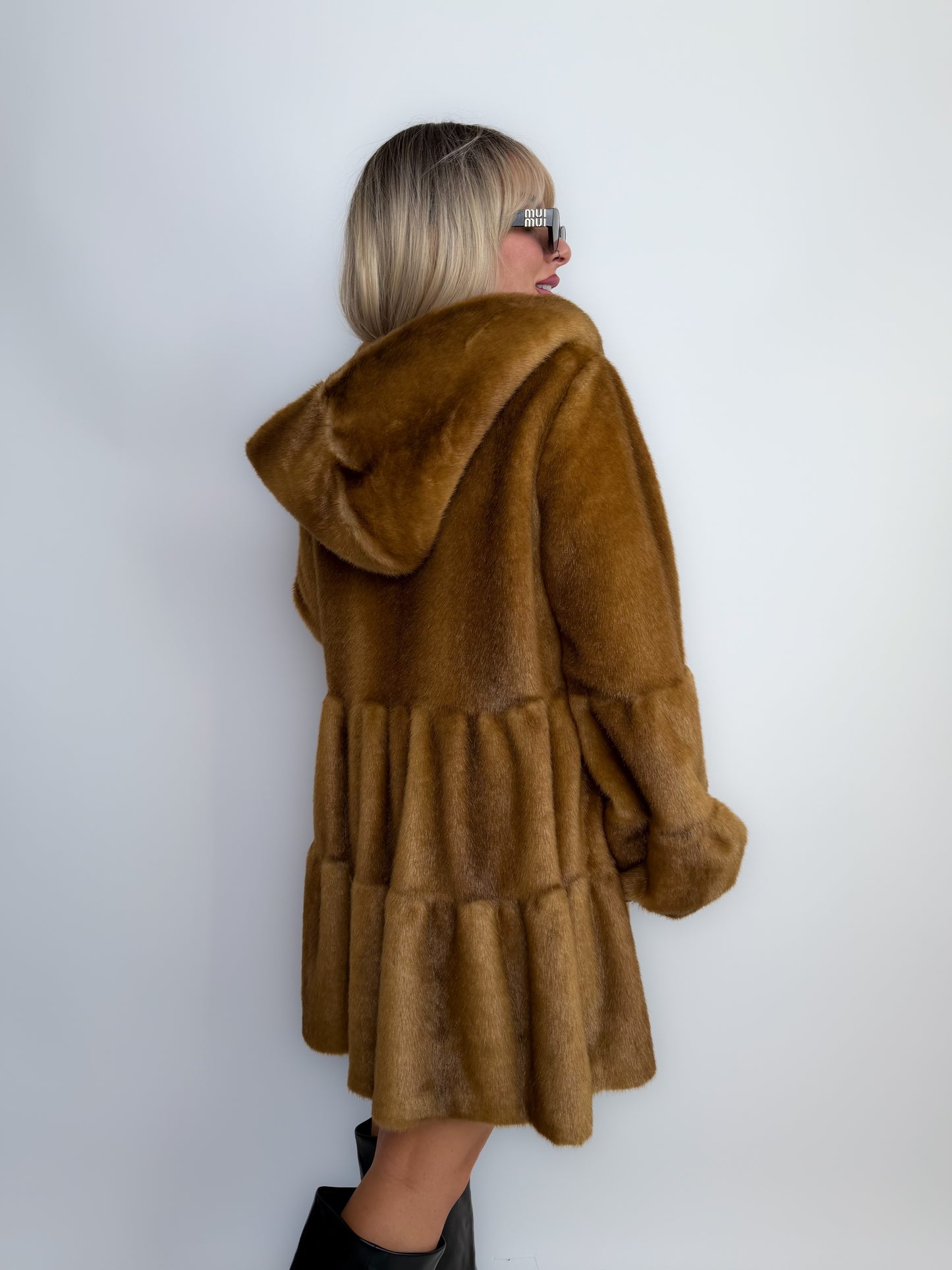 Vintage Carmel Brown Faux Fur Hooded Winter Coat S-M