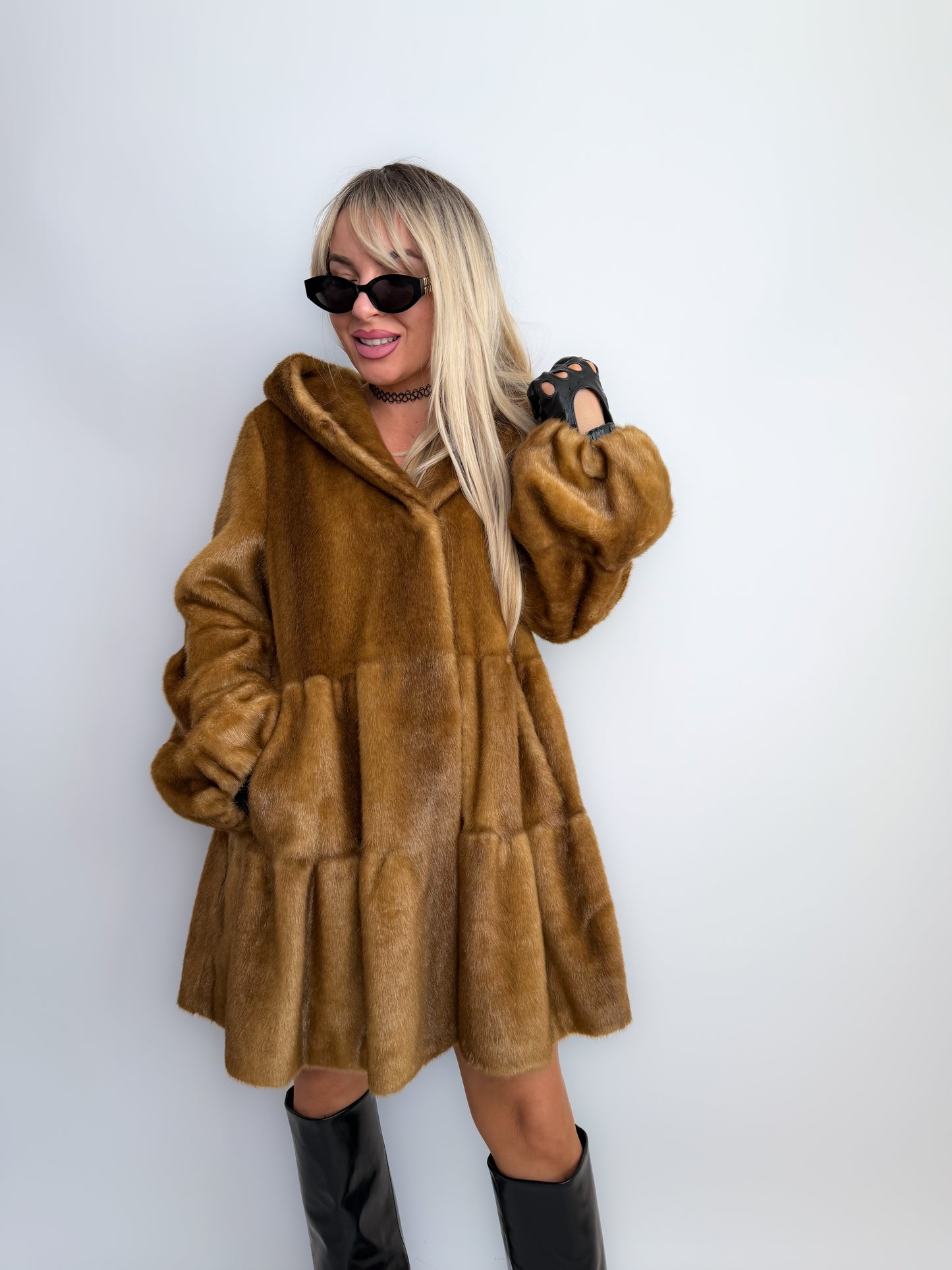 Vintage Carmel Brown Faux Fur Hooded Winter Coat S-M