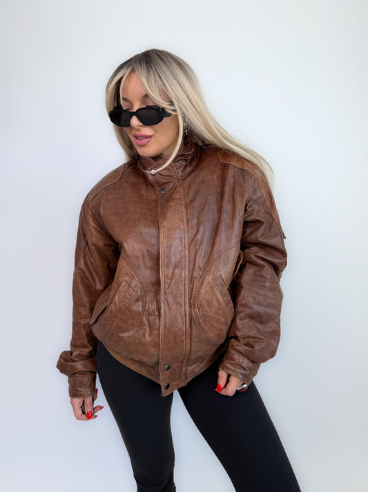 Vintage 90s Leather Bomber– Brown Oversized Men's Style Aviator Jacket - Small- Medium