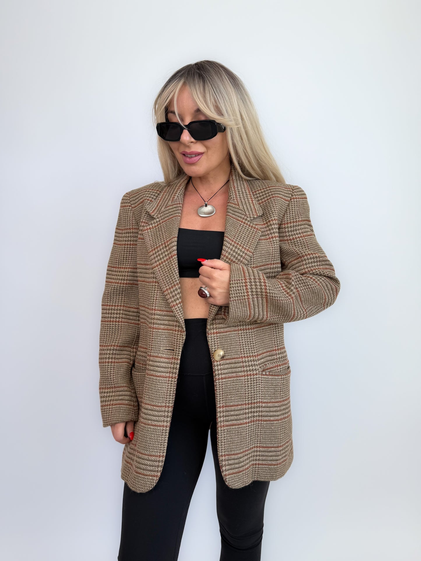 Vintage 90s Wool Plaid Oversized Blazer - Size Small