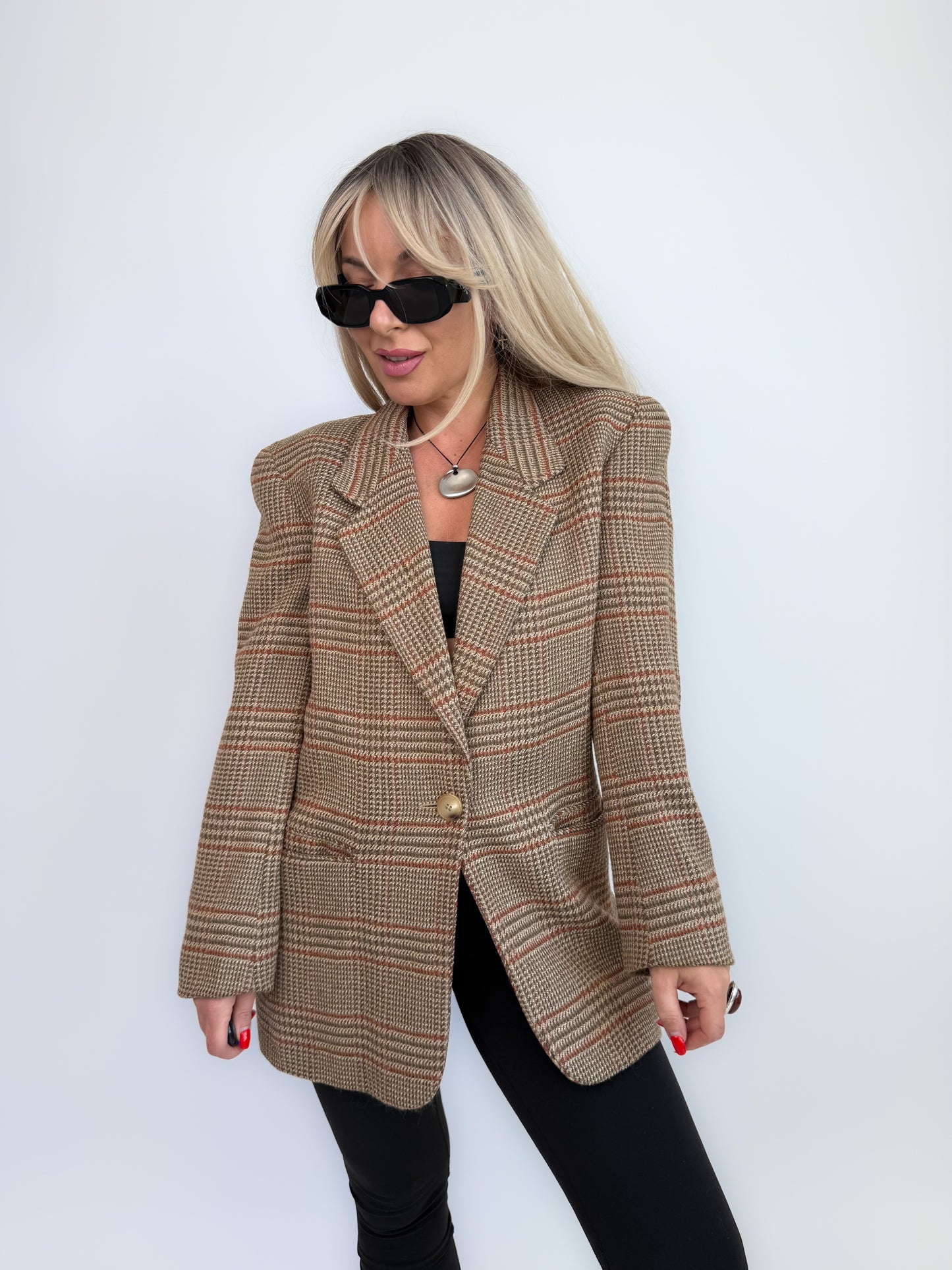 Vintage 90s Wool Plaid Oversized Blazer - Size Small