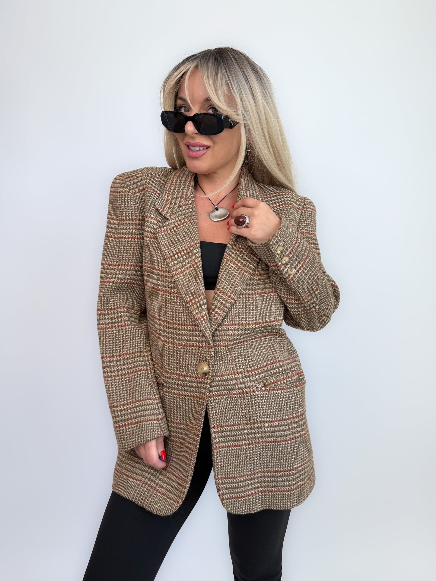 Vintage 90s Wool Plaid Oversized Blazer - Size Small