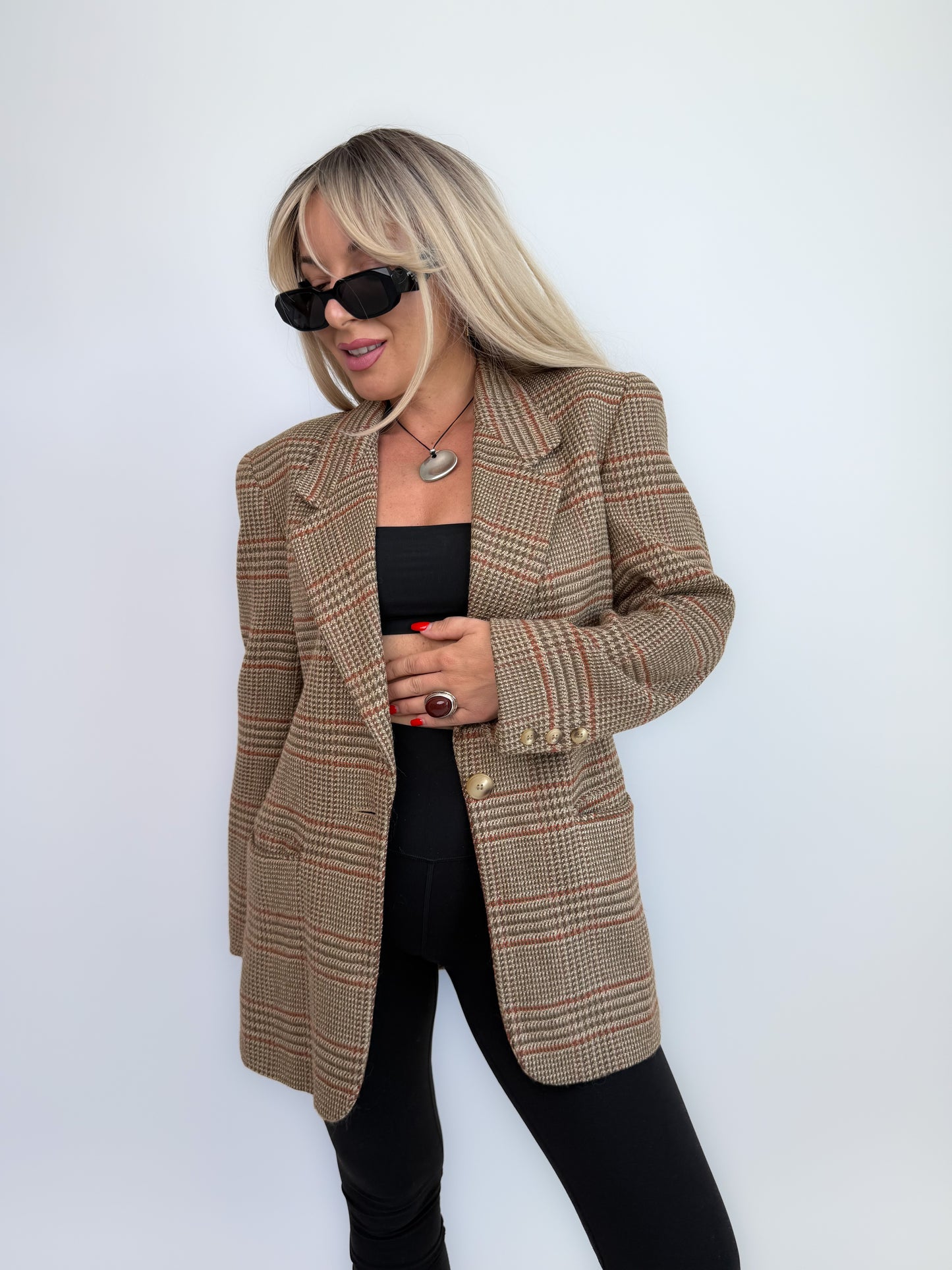 Vintage 90s Wool Plaid Oversized Blazer - Size Small