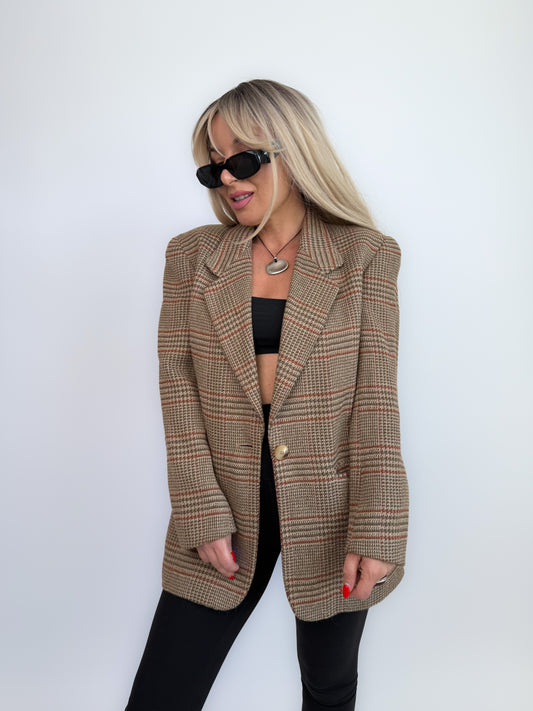 Vintage 90s Wool Plaid Oversized Blazer - Size Small