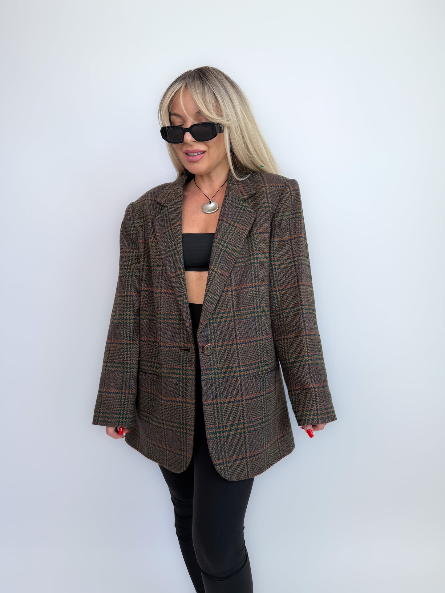 90s Wool Plaid Blazer: Brown Checkered Oversized Jacket Size Small-Medium