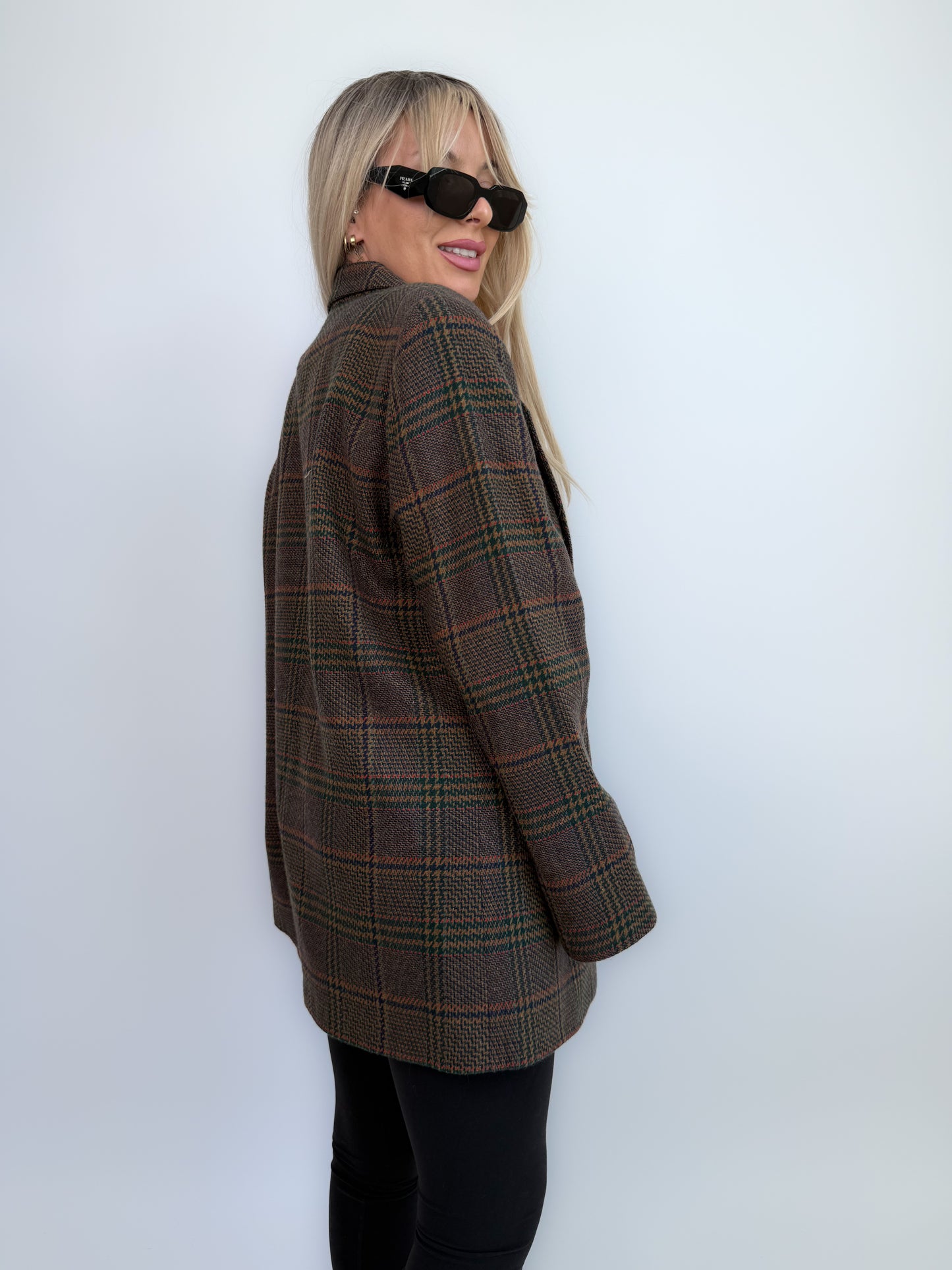 90s Wool Plaid Blazer: Brown Checkered Oversized Jacket Size Small-Medium