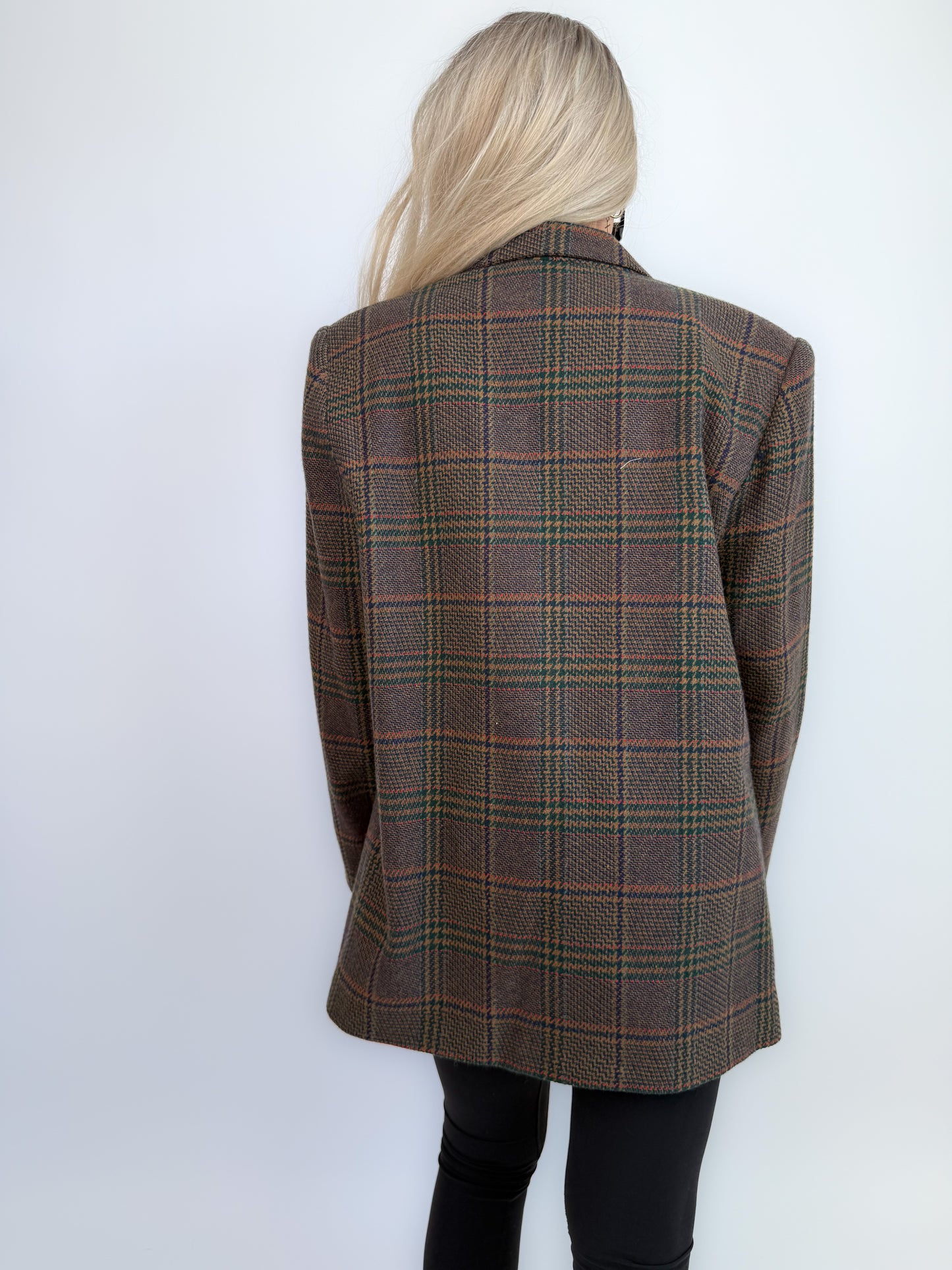 90s Wool Plaid Blazer: Brown Checkered Oversized Jacket Size Small-Medium
