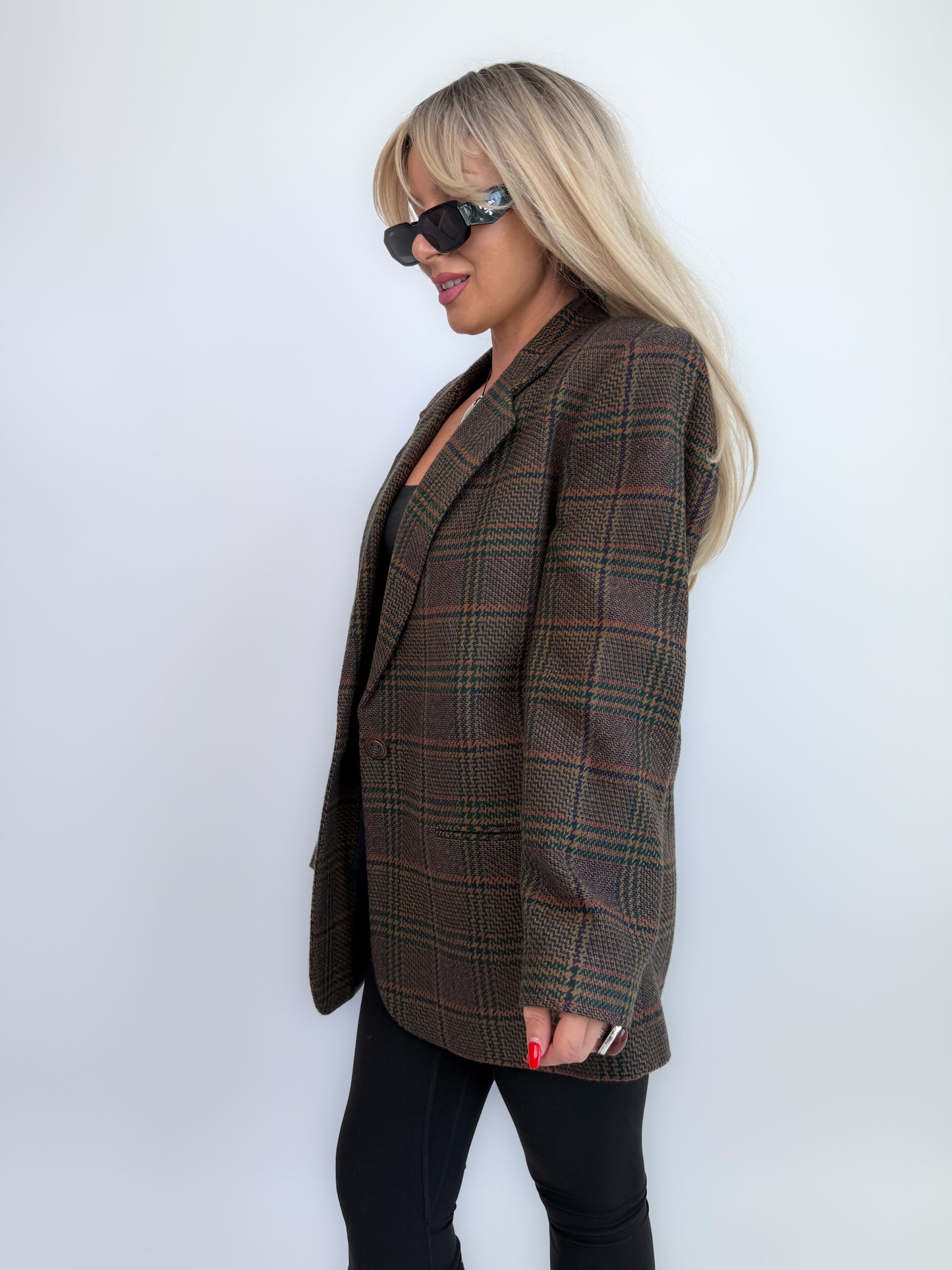 90s Wool Plaid Blazer: Brown Checkered Oversized Jacket Size Small-Medium