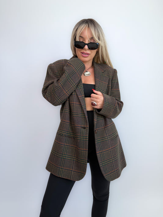 90s Wool Plaid Blazer: Brown Checkered Oversized Jacket Size Small-Medium