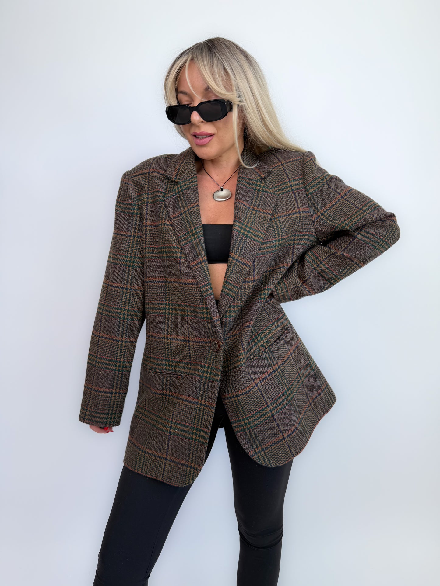 90s Wool Plaid Blazer: Brown Checkered Oversized Jacket Size Small-Medium