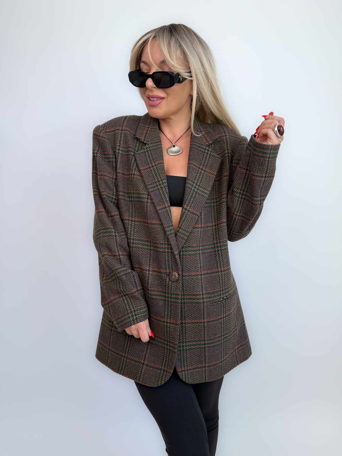 90s Wool Plaid Blazer: Brown Checkered Oversized Jacket Size Small-Medium