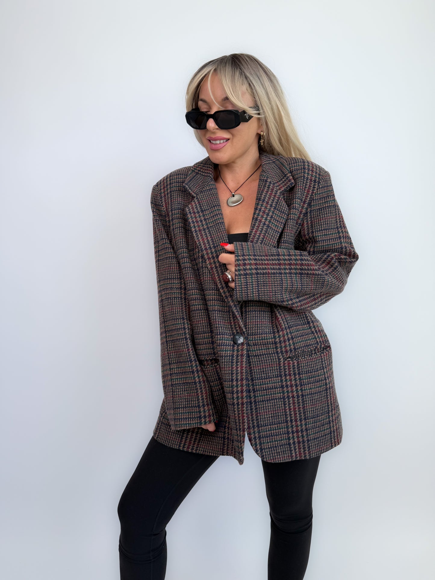 90s Wool Plaid Blazer: Brown Checkered Oversized Jacket Size Medium-Large