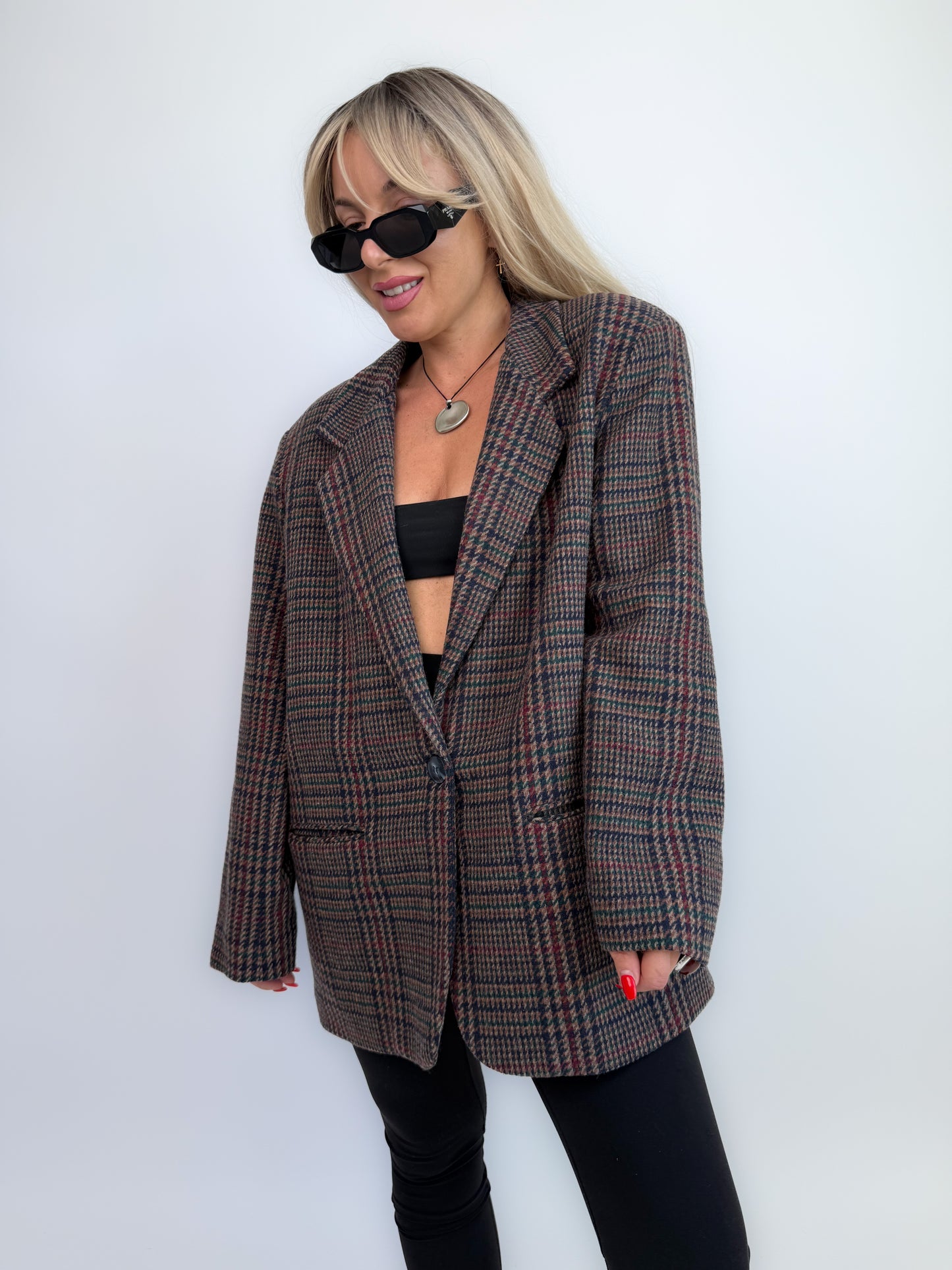 90s Wool Plaid Blazer: Brown Checkered Oversized Jacket Size Medium-Large