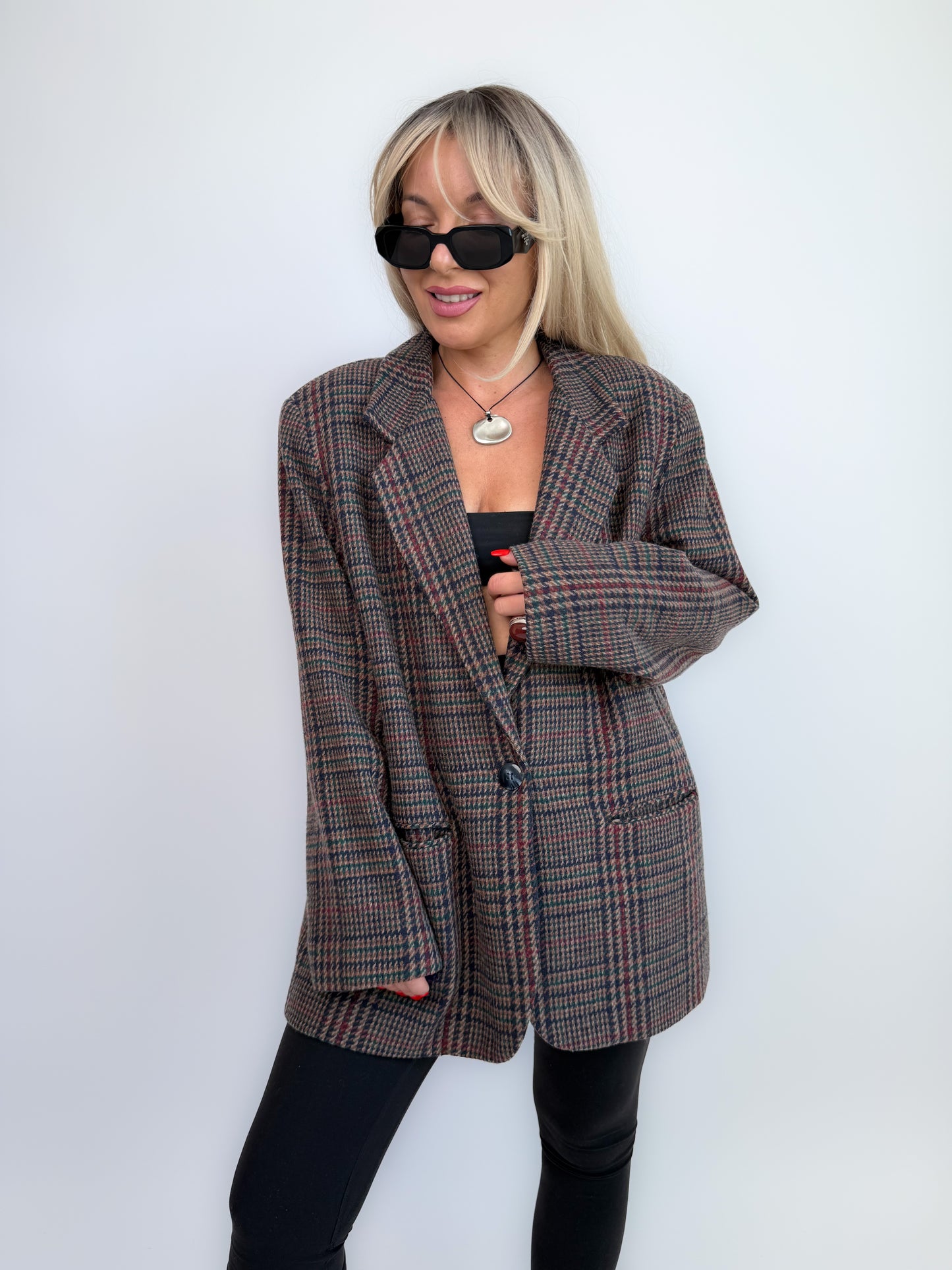 90s Wool Plaid Blazer: Brown Checkered Oversized Jacket Size Medium-Large