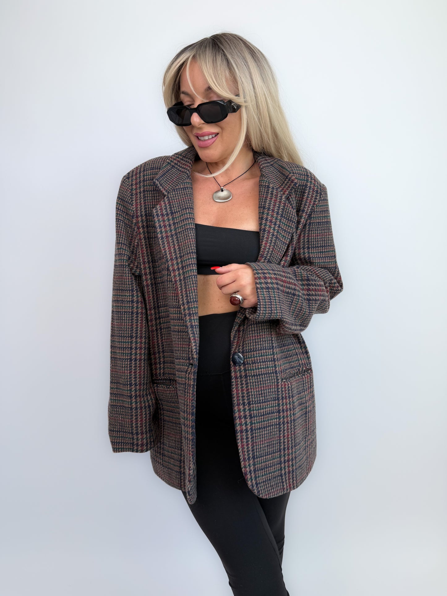 90s Wool Plaid Blazer: Brown Checkered Oversized Jacket Size Medium-Large