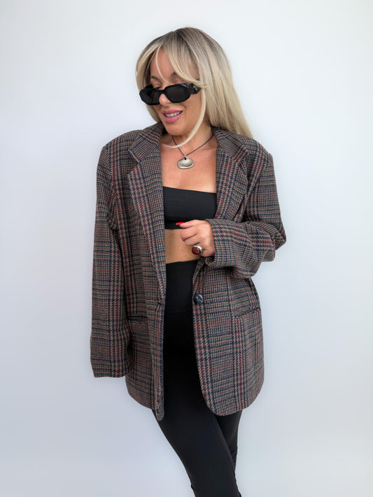 90s Wool Plaid Blazer: Brown Checkered Oversized Jacket Size Medium-Large