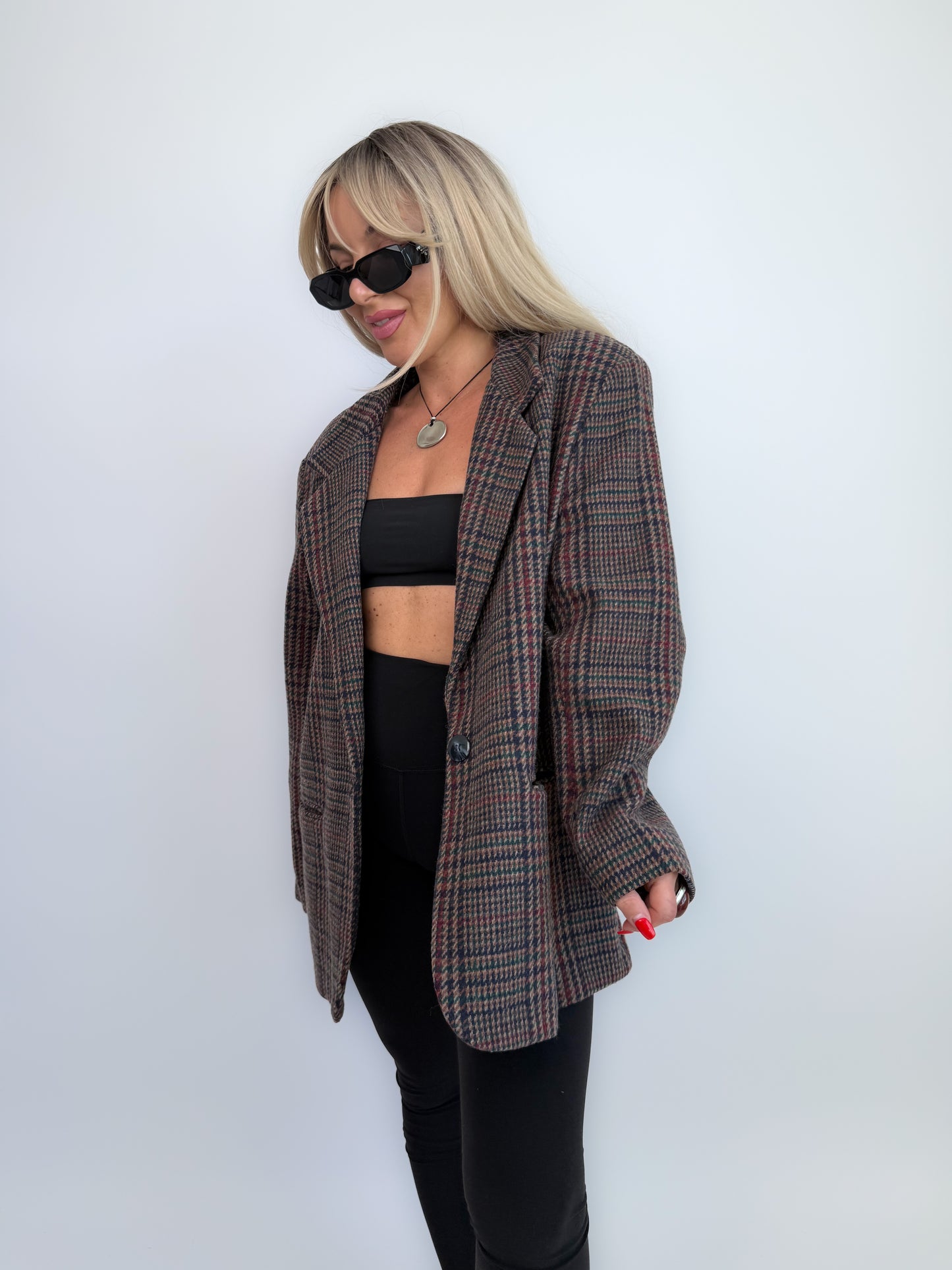 90s Wool Plaid Blazer: Brown Checkered Oversized Jacket Size Medium-Large