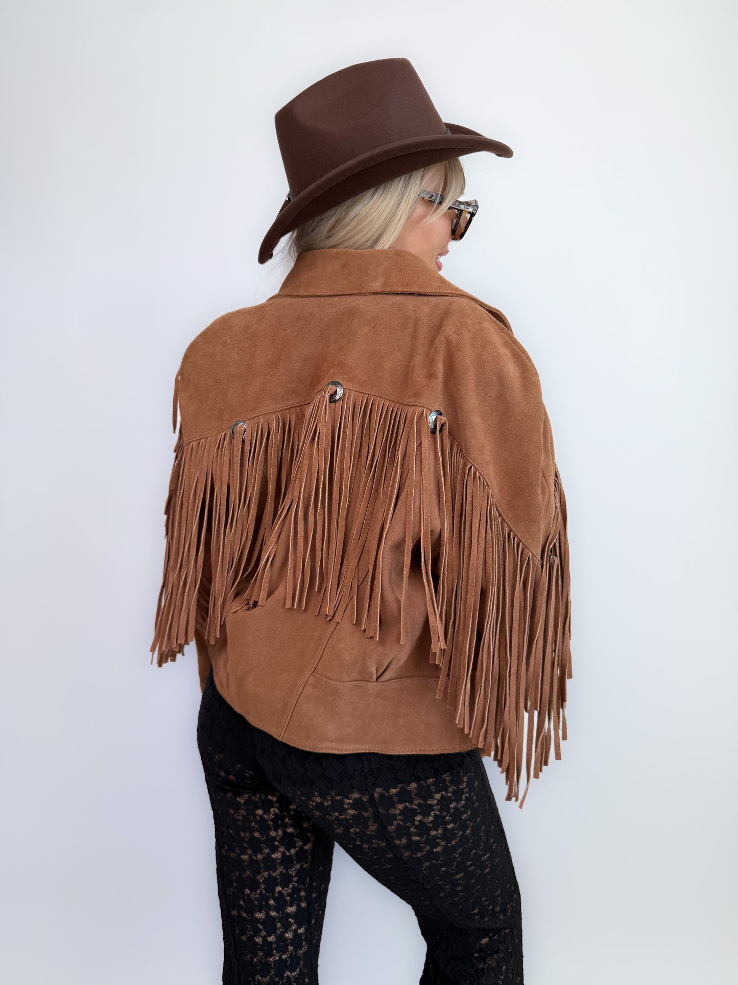 Vintage Camel Tan Suede Fringe Jacket – 90s Western Festival Boho Cowgirl Style S-M