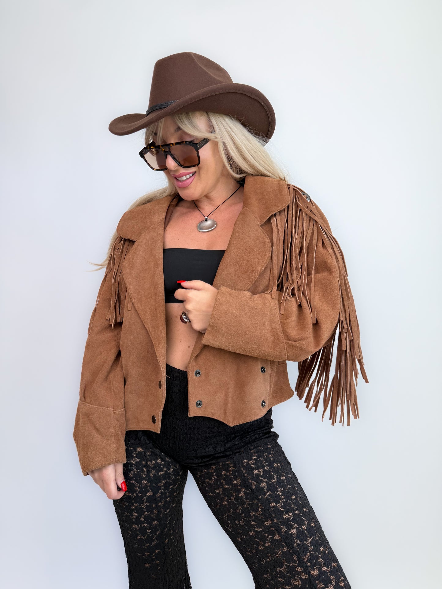 Vintage Camel Tan Suede Fringe Jacket – 90s Western Festival Boho Cowgirl Style S-M