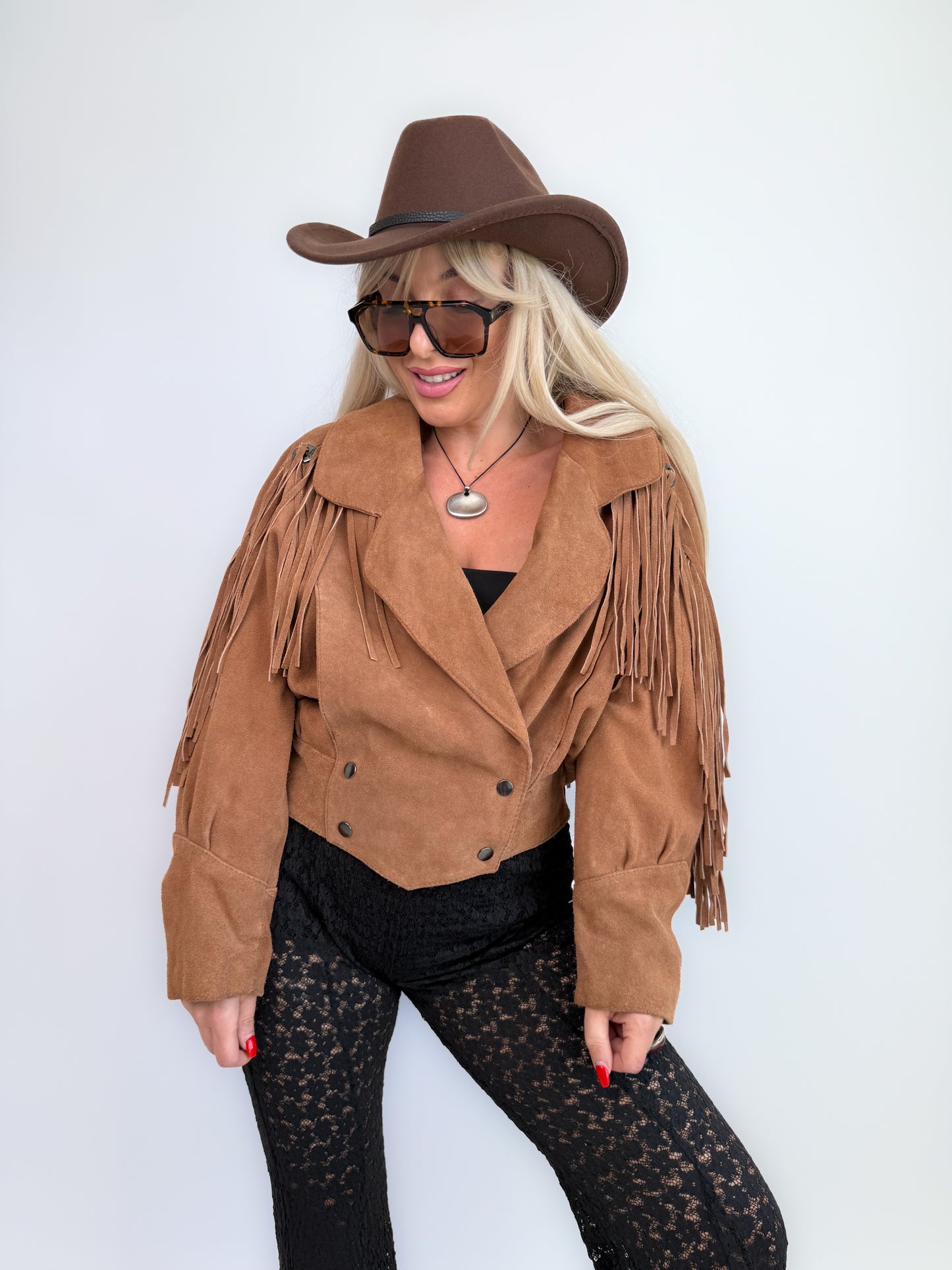 Vintage Camel Tan Suede Fringe Jacket – 90s Western Festival Boho Cowgirl Style S-M