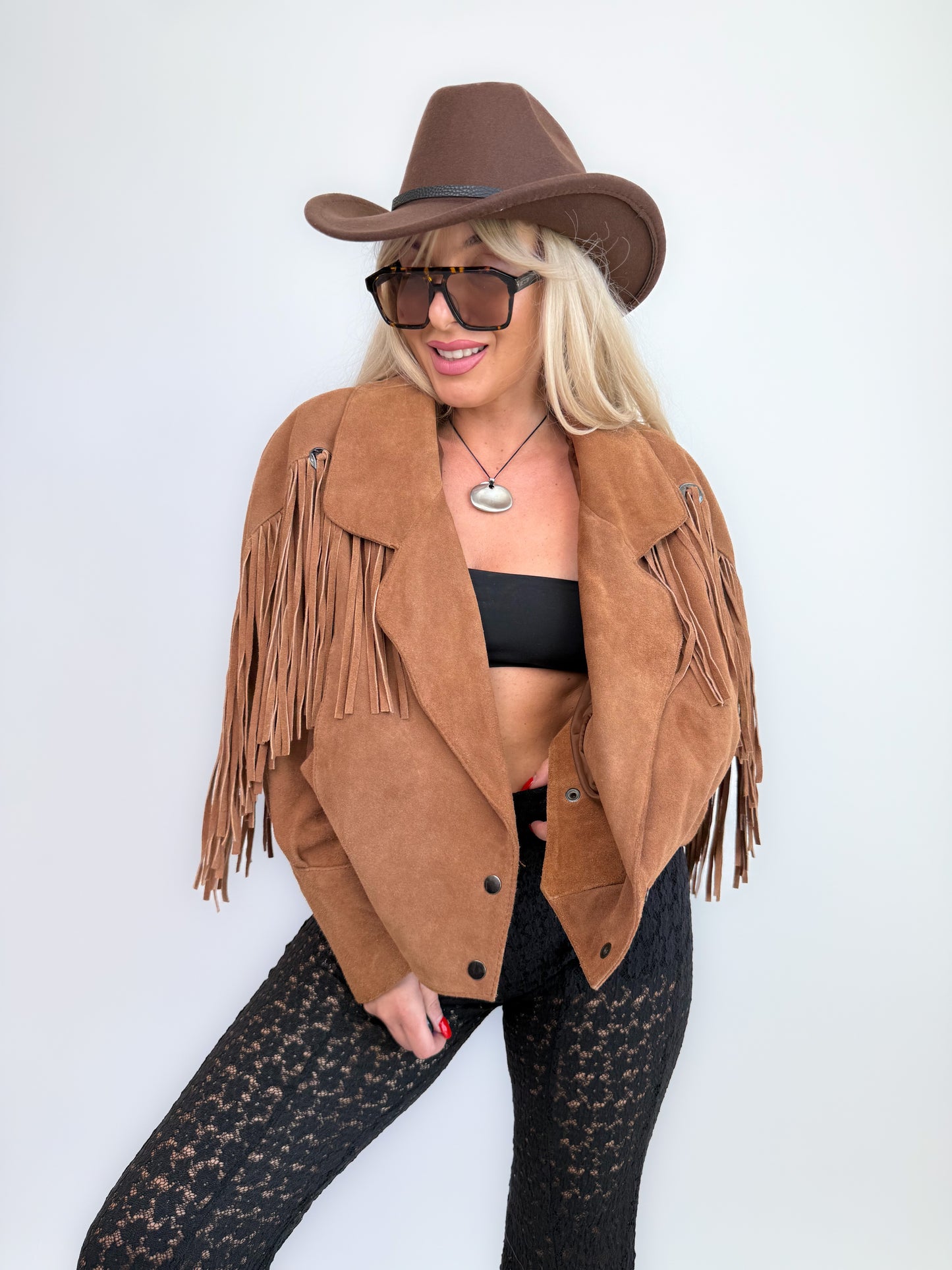 Vintage Camel Tan Suede Fringe Jacket – 90s Western Festival Boho Cowgirl Style S-M
