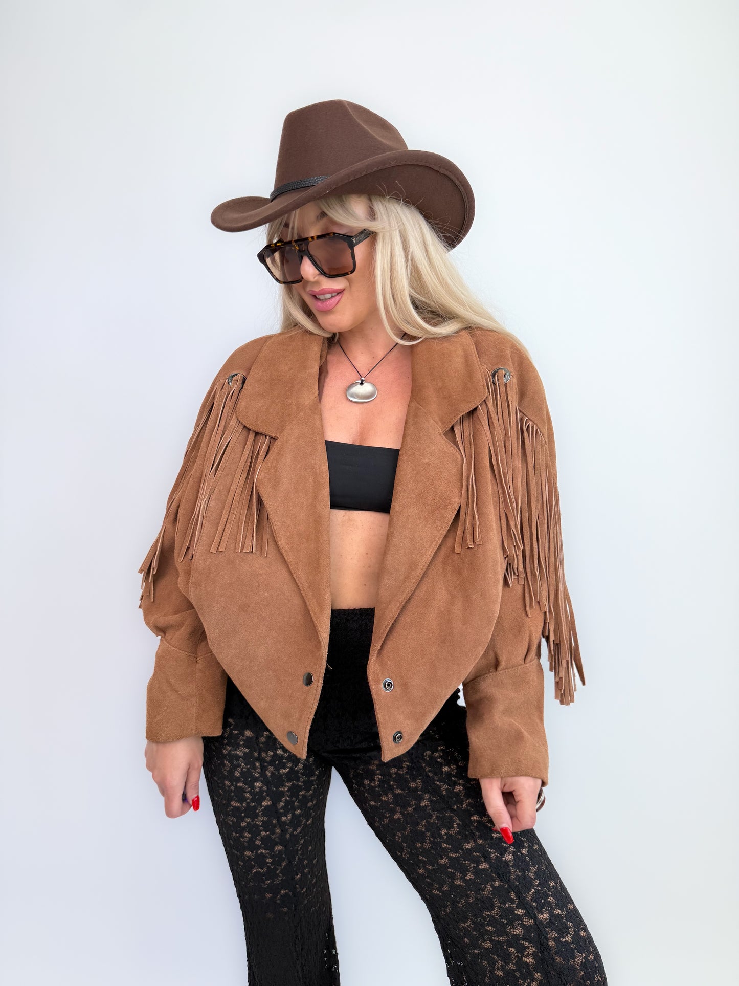Vintage Camel Tan Suede Fringe Jacket – 90s Western Festival Boho Cowgirl Style S-M