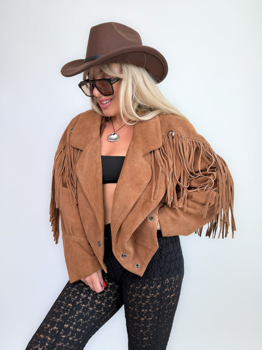 Vintage Camel Tan Suede Fringe Jacket – 90s Western Festival Boho Cowgirl Style S-M