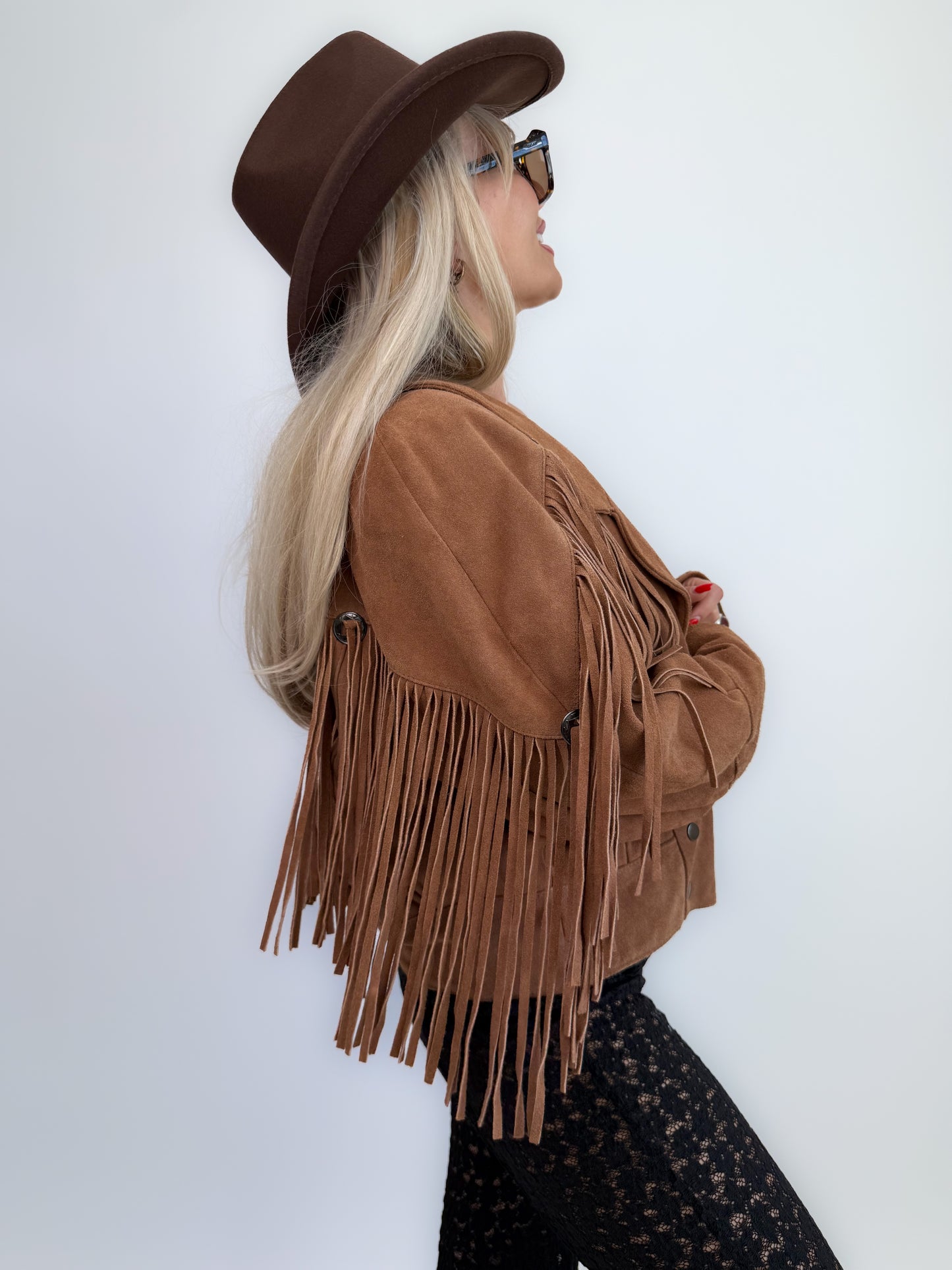 Vintage Camel Tan Suede Fringe Jacket – 90s Western Festival Boho Cowgirl Style S-M