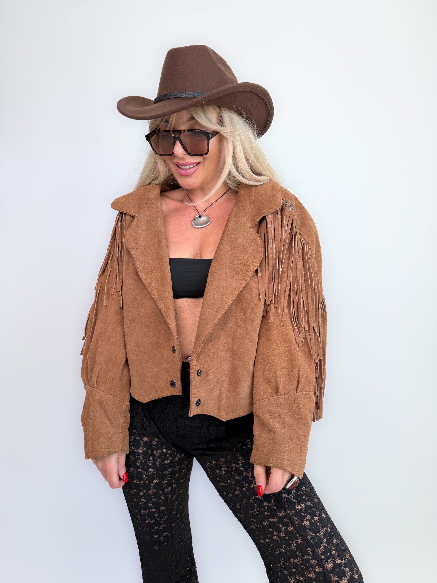 Vintage Camel Tan Suede Fringe Jacket – 90s Western Festival Boho Cowgirl Style S-M