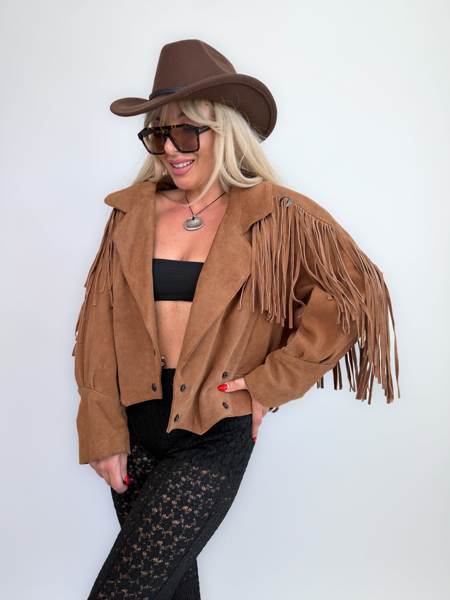 Vintage Camel Tan Suede Fringe Jacket – 90s Western Festival Boho Cowgirl Style S-M