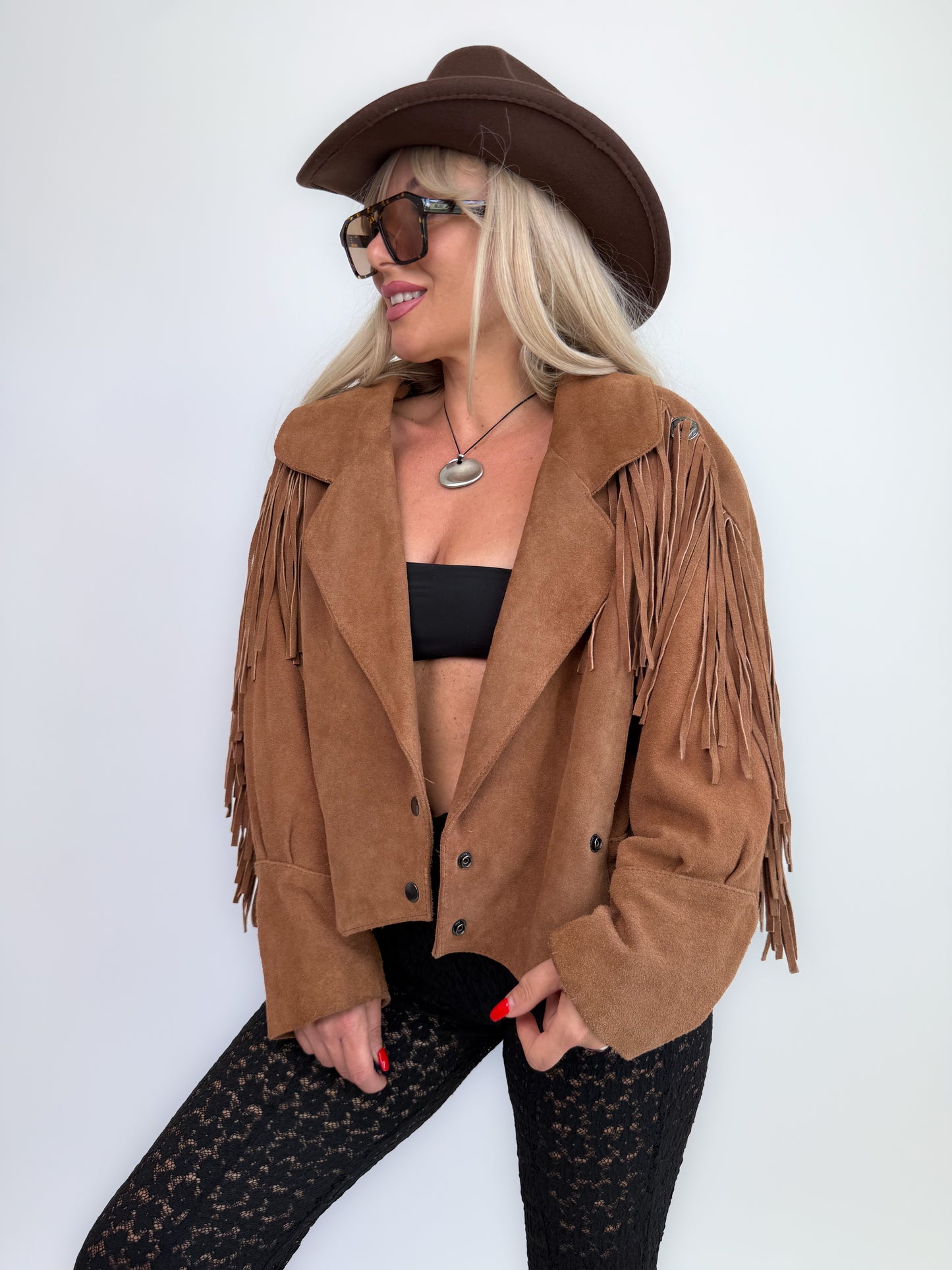 Vintage Camel Tan Suede Fringe Jacket – 90s Western Festival Boho Cowgirl Style S-M