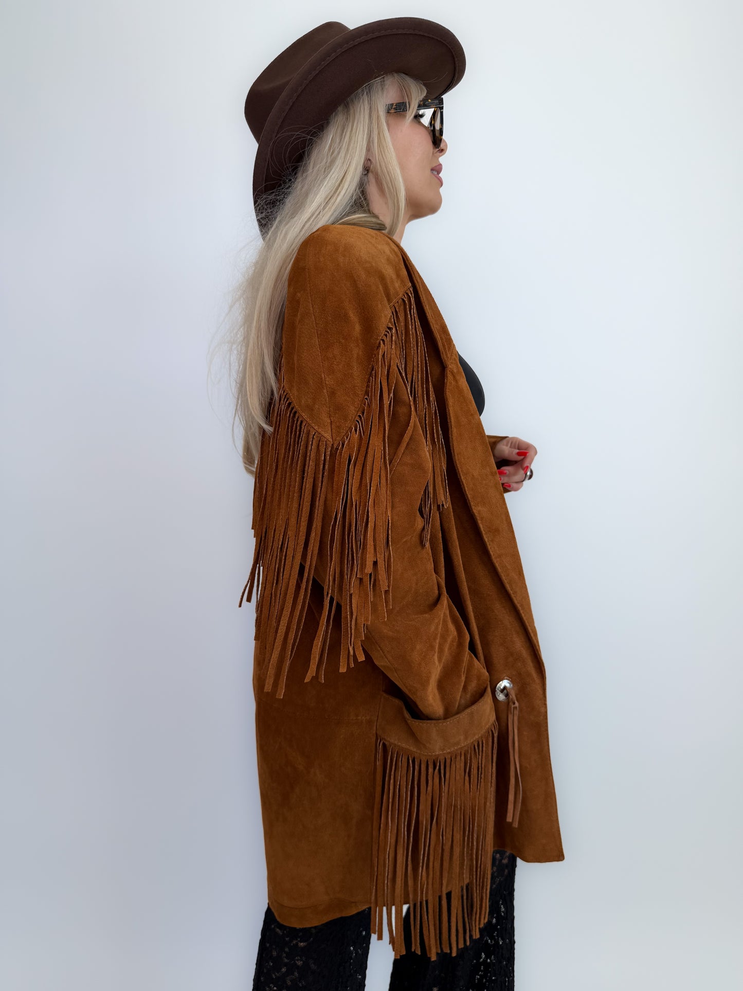 Vintage Rust Brown Suede Fringe Jacket – Western Southwestern Festival Boho Hippie Style M-L