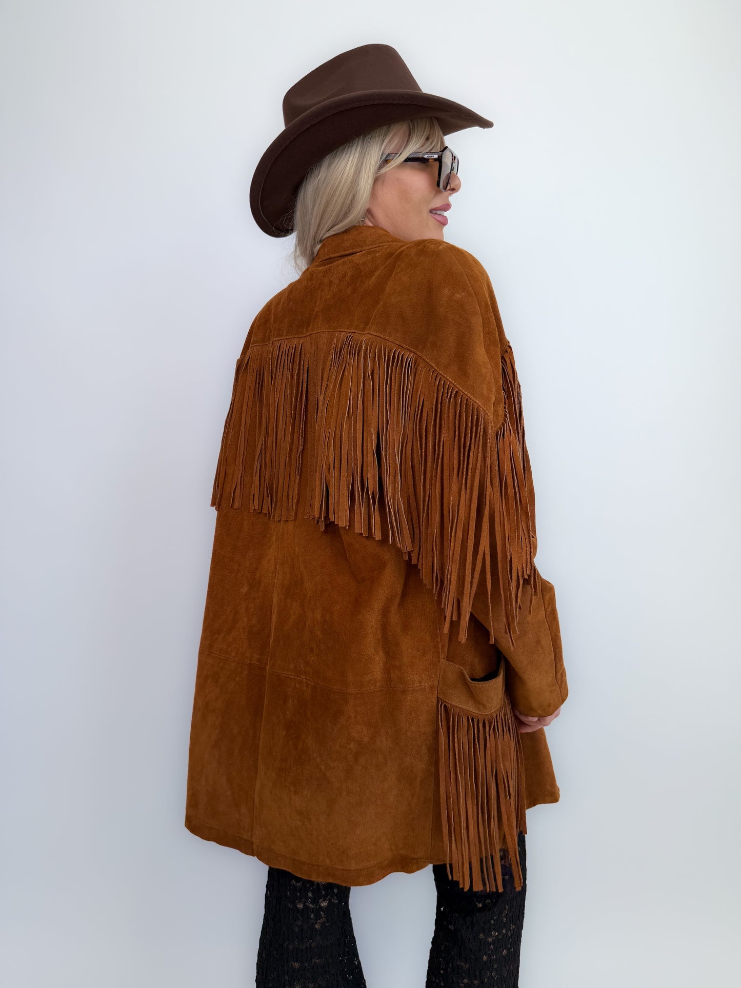 Vintage Rust Brown Suede Fringe Jacket – Western Southwestern Festival Boho Hippie Style M-L