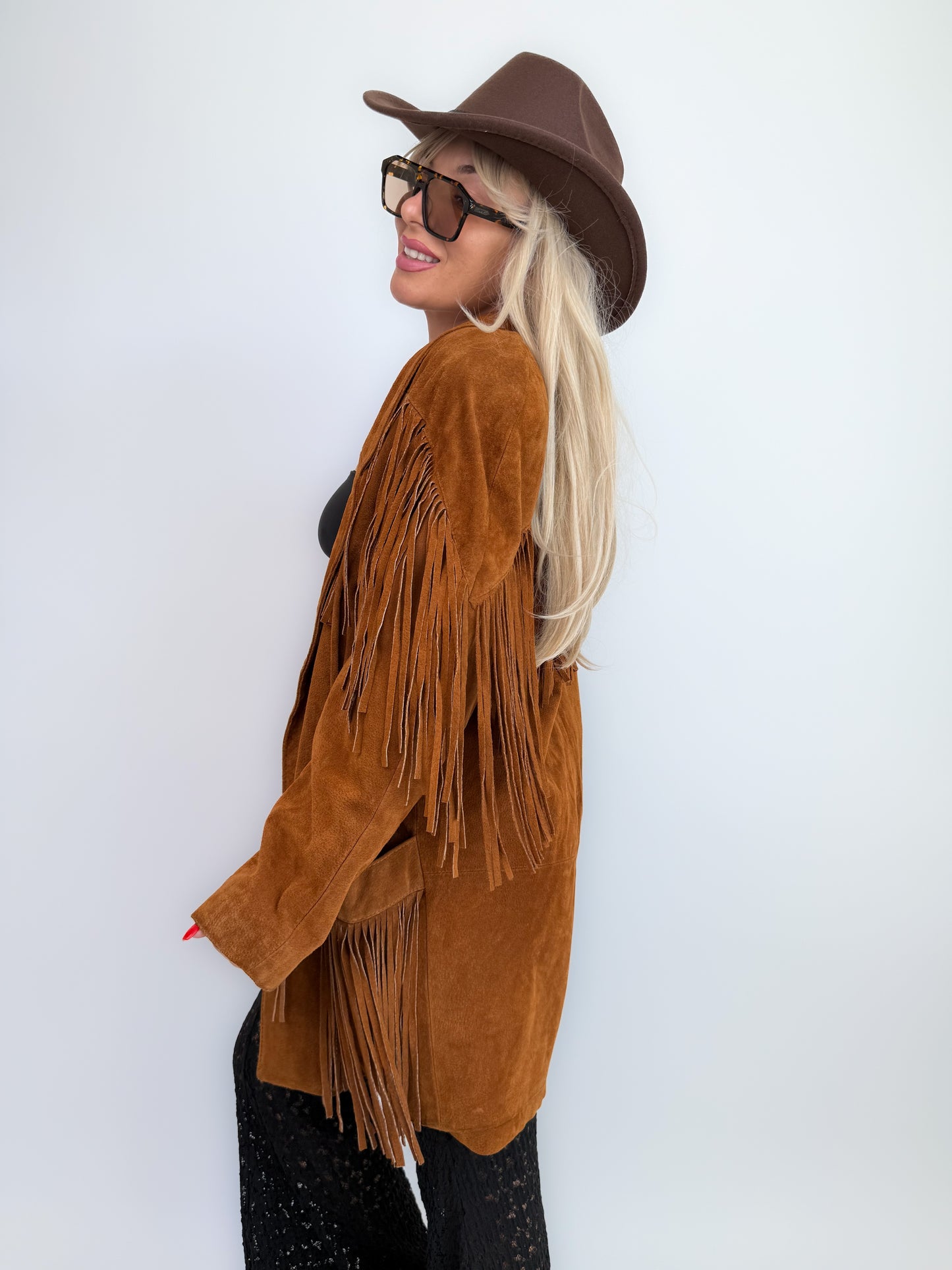 Vintage Rust Brown Suede Fringe Jacket – Western Southwestern Festival Boho Hippie Style M-L