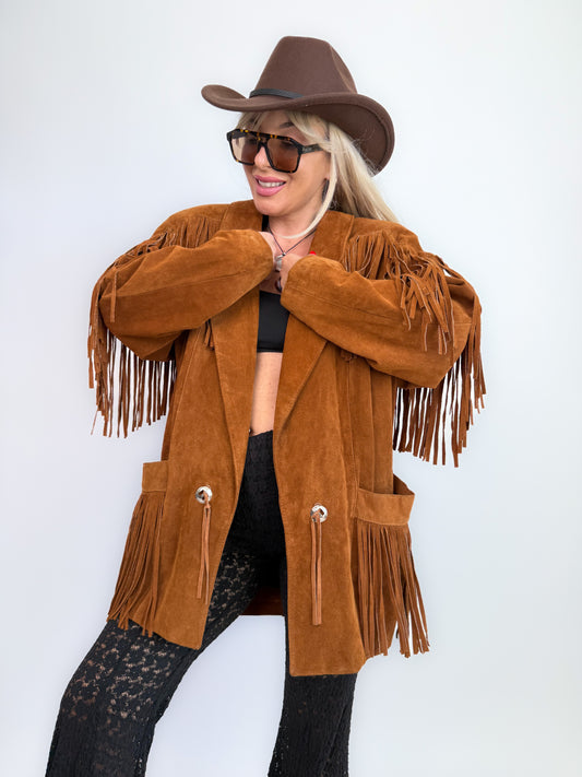 Vintage Rust Brown Suede Fringe Jacket – Western Southwestern Festival Boho Hippie Style M-L